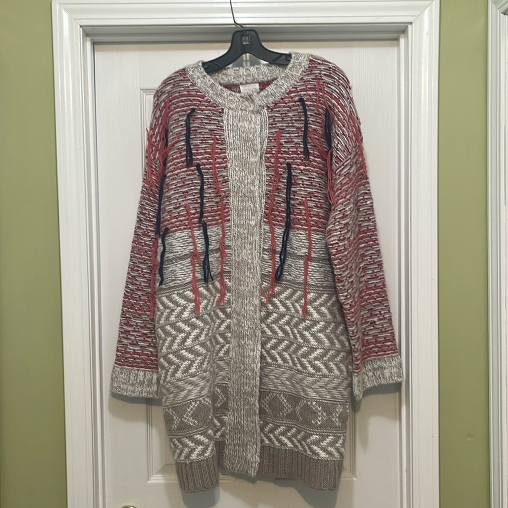 Caslon - wool blend sweater cardigan - mid length - yarn fringe - size L